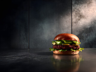 Delicious burger with fresh ingredients on a dark surface with smoke