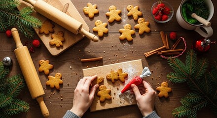 Top view of a person's hands decorating homemade gingerbread man cookies with red icing on a rustic wooden table for Christmas.