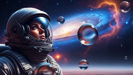 A detailed digital rendering of an astronaut floating in outer space surrounded by planets, stars, and cosmic phenomena with vibrant colors and intricate details - Powered by Adobe