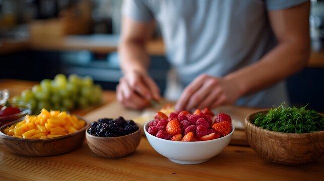 Person preparing a vibrant and healthy meal with fresh fruits and herbs in a kitchen setting