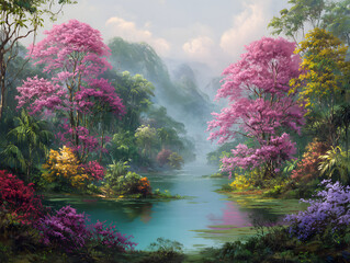 A serene river flowing through a lush forest with colorful trees and plants