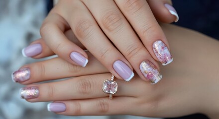 Elegant lavender marble french tip nails with rose gold ring