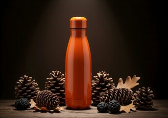 Autumn-Themed Orange Bottle with Pinecones and Leaves