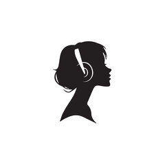 Black Vector Illustration of Woman Wearing Headphone in Clean Minimal Style on White Background