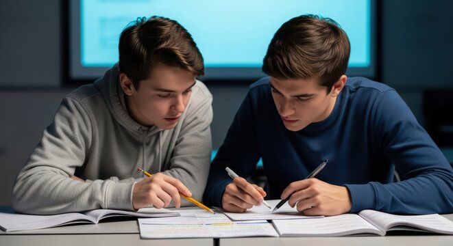 Two caucasian teen males studying together in classroom setting