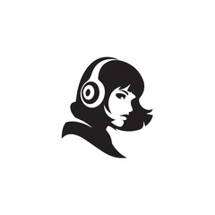 Black Vector Illustration of Woman Wearing Headphone in Clean Minimal Style on White Background