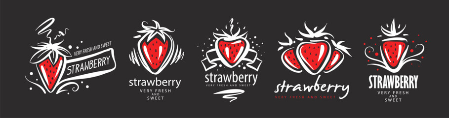A set of hand-drawn vector logos strawberry on a black background