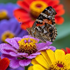 Colorful Butterfly Resting on Vibrant Dew-Kissed Flowers