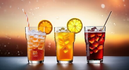 Three refreshing cocktails with citrus garnishes at sunset
