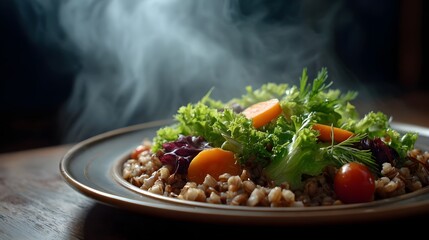 A steaming hot bowl of buckwheat topped with a vibrant salad of fresh greens carrots and cherry tomatoes presented elegantly on a rustic plate