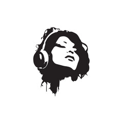 Black Vector Illustration of Woman Wearing Headphone in Clean Minimal Style on White Background