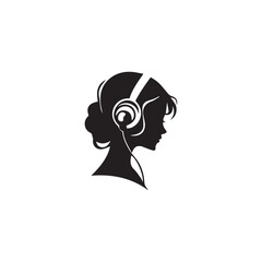 Black Vector Illustration of Woman Wearing Headphone in Clean Minimal Style on White Background