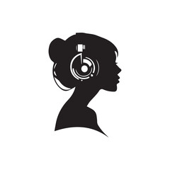 Black Vector Illustration of Woman Wearing Headphone in Clean Minimal Style on White Background