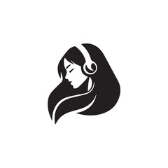Black Vector Illustration of Woman Wearing Headphone in Clean Minimal Style on White Background