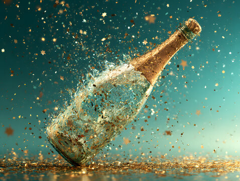 Champagne bottle exploding with confetti on a festive turquoise background