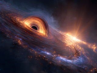 A mesmerizing black hole in deep space with swirling cosmic dust and light