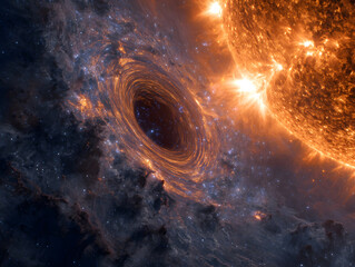 Celestial dance a black hole and a star locked in a fiery cosmic ballet
