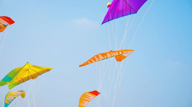 Bright colorful kites soaring in blue sky during festival