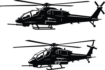 Black and white vector illustration of military attack helicopters, detailed aviation silhouette design, combat aircraft graphic for defense and aviation projects