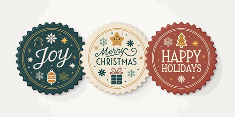 Vector christmas three christmas themed round badges with festive holiday greetings
