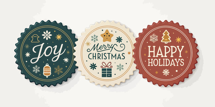 Vector  christmas  three christmas themed round badges with festive holiday greetings