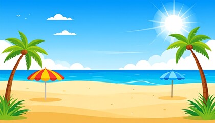 Obraz premium Tropical beach paradise with palm trees, umbrellas, and clear blue sky.