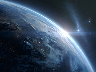 Spectacular earth view from space with a bright light and cosmic phenomena