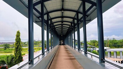 Pedestrian Skywalk Bridge with Covered Elevated Walkway, Modern footbridge 
