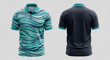 Realistic men's polo shirt mockup with all-over watercolor tropical leaves print on front and solid sage green back view isolated.