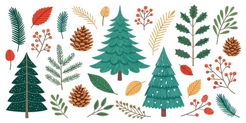 Vector  christmas  illustration of christmas trees leaves and berries on white background