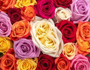 Close-up of multicolored roses forming a vibrant floral arrangement