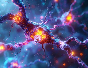 Close-up of glowing neurons with colorful details