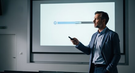 Caucasian male adult giving presentation in office meeting room