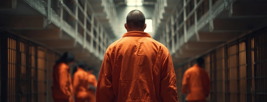 Man in orange prison jumpsuit walking down cell block hallway
