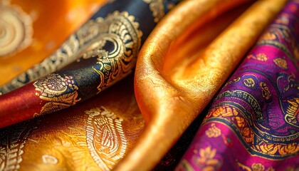 Close-up of richly colored, draped, decorative silk fabric