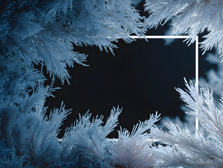 Icy pine branches frame a dark background with a square in the center