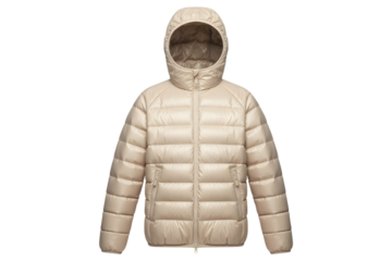 Cream puffer jacket with hood isolated on transparent background