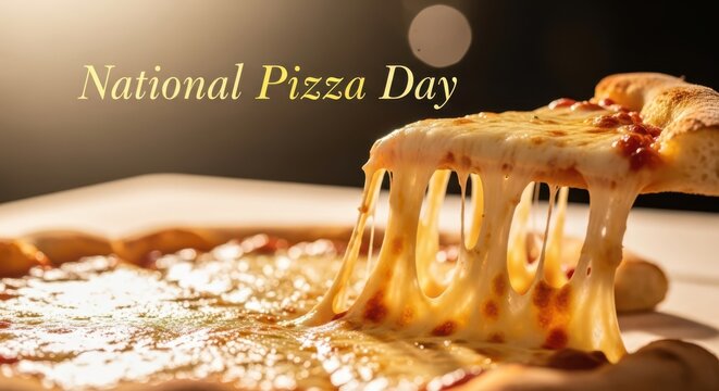 Delicious slice of pizza with melted cheese stretching, celebrating national pizza day with a closeup, mouthwatering view of a classic italian dish