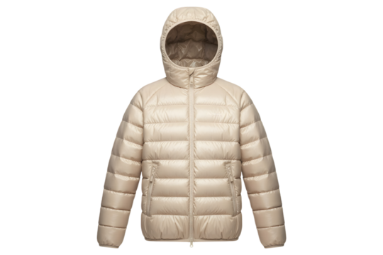Cream puffer jacket with hood isolated on transparent background