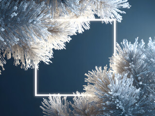 Icy pine branches frame a square, creating a winter wonderland atmosphere