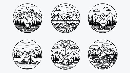 Monochrome Mountain Landscape Vector Graphics Illustration Camping and Outdoor Adventure