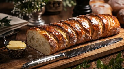 A rustic bakery scene with freshly baked sourdough bread and a knife spreading butter
