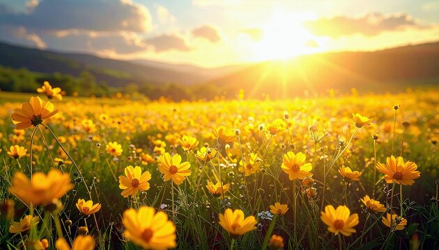 A sun-drenched meadow filled with blooming yellow flowers under a bright sky, evoking a sense of peace and natural beauty. - Powered by Adobe
