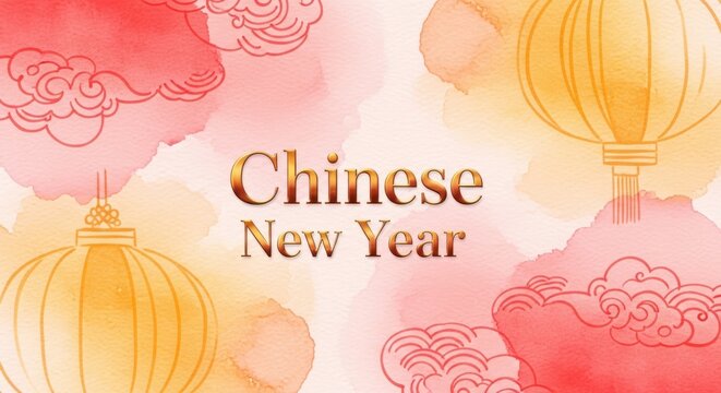 Chinese new year celebration with traditional lanterns and auspicious clouds in a soft watercolor style, symbolizing good fortune and prosperity