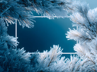 Frosted pine branches create a frame, capturing the essence of winter season