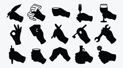 Set of various hand silhouettes holding objects isolated on white background