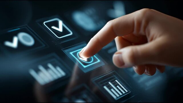 High-resolution image of a hand pressing a digital approval button on a touchscreen, surrounded by floating check marks and graphs, modern business environment.

