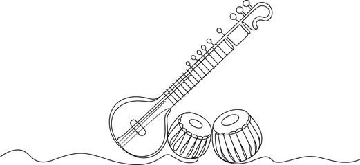 Sitar and tabla drums line art indian music musical instrument
