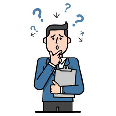 A confused businessman holding a clipboard and looking up with question marks surrounding his head.