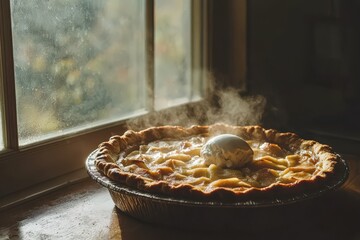 A rustic scene of freshly baked apple pie cooling by the window, with a scoop of vanilla ice cream melting on top